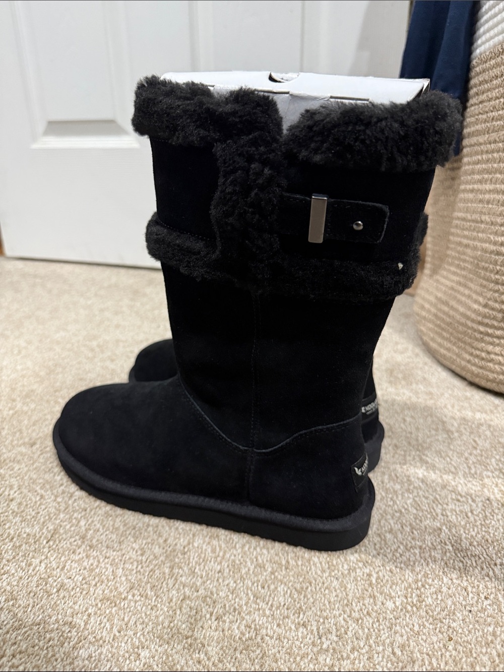 Koolaburra Black Suede Mid-Calf Shearling-Trim Winter Boots